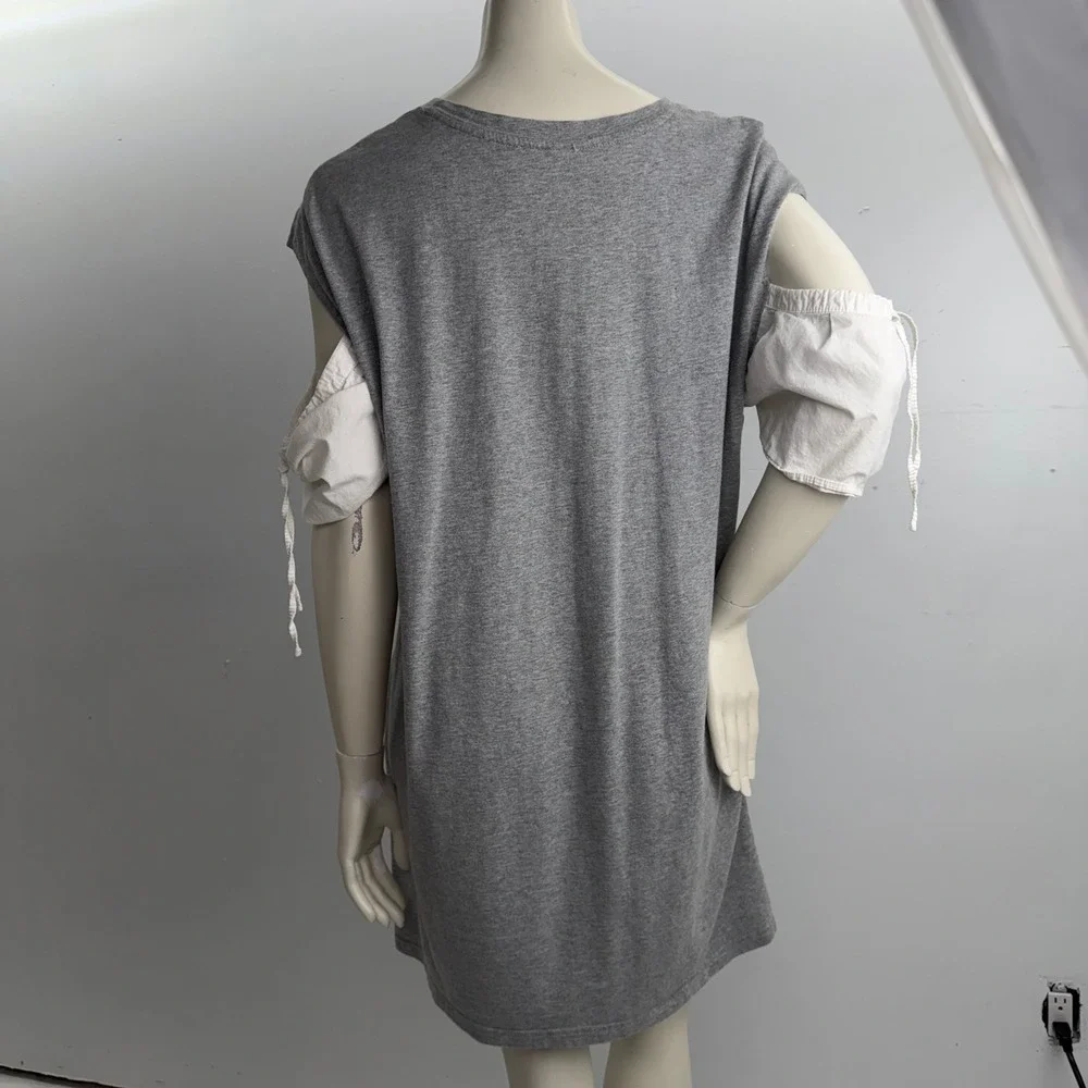 RD Style Graphic T-Shirt Dress Gray Cotton Puff Sleeve Pop Art Cold Shoulder L - Picture 4 of 10